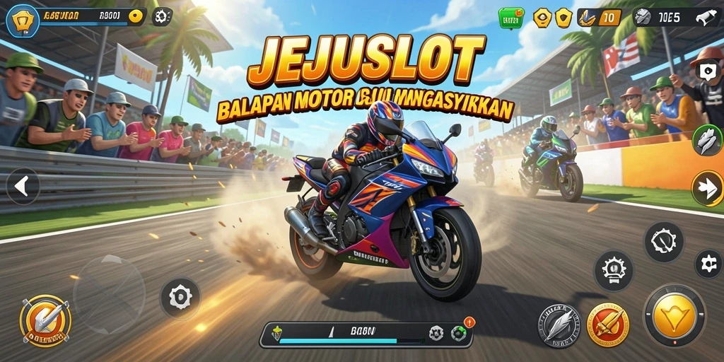 Tampilan seru gameplay JEJUSLOT dengan balapan motor yang cepat.